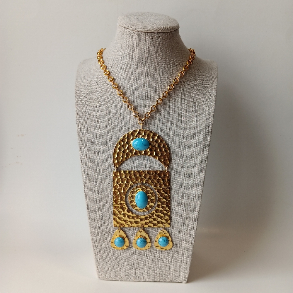 Turquoise Cabochon Etruscan Hammered Crescent Teardrop Dangle Necklace Bohemian
